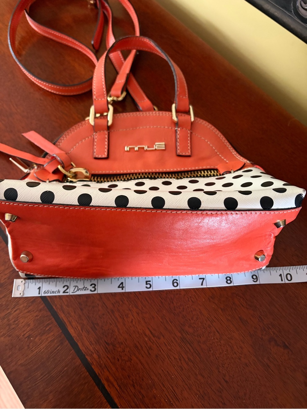 Innue Beautiful Italian Leather Coral Polka Dot Mini Crossbody Bag - Picture 5 of 6